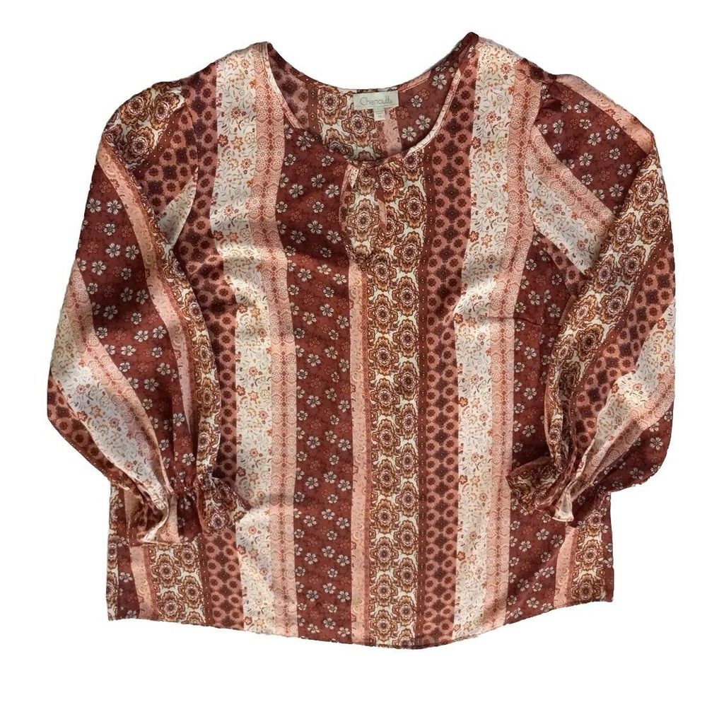 Chenault Women XL Buttons Up Paisley Floral Blouse Maroon Pink Garderize Sleeve